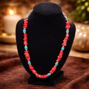 Red Coral, Turquoise & Sterling Silver Necklace – Adjustable 18”–25”